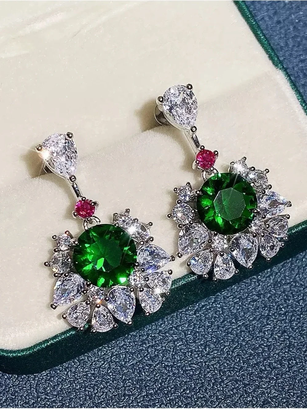 Anthropologie Emerald Green & White Crystal Halo Drop Earrings